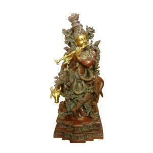 KRISHNA DE PIE  VACA EN LATON  40 X 25 X 73 CM 